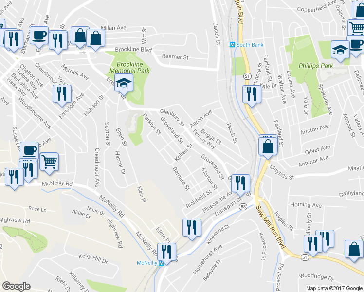 map of restaurants, bars, coffee shops, grocery stores, and more near 2264 Groveland Street in Pittsburgh