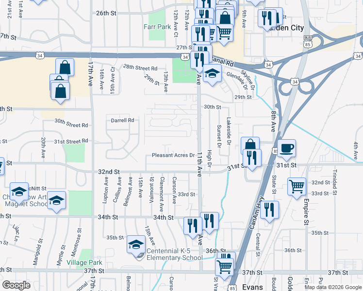 map of restaurants, bars, coffee shops, grocery stores, and more near 3021 11th Avenue in Evans