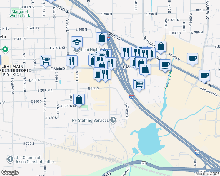 map of restaurants, bars, coffee shops, grocery stores, and more near 202 South 850 East in Lehi