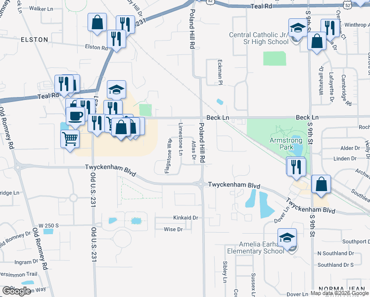 map of restaurants, bars, coffee shops, grocery stores, and more near 2813 Limestone Lane in Lafayette