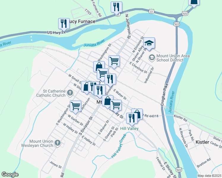 map of restaurants, bars, coffee shops, grocery stores, and more near 116 North Division Street in Mount Union