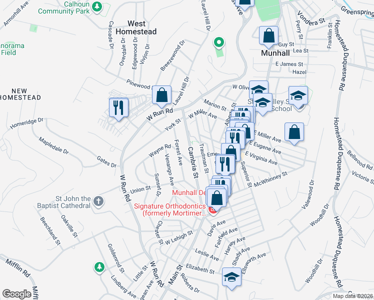 map of restaurants, bars, coffee shops, grocery stores, and more near 3520 Cambria Street in Munhall