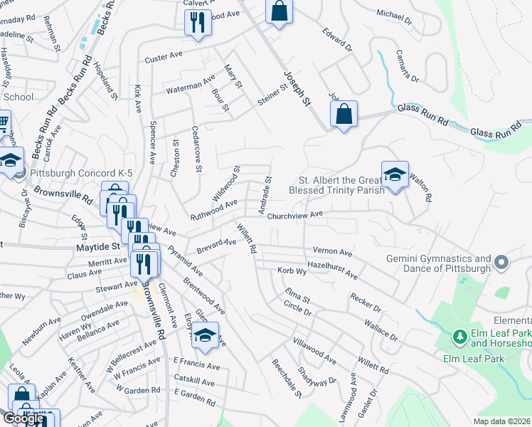 map of restaurants, bars, coffee shops, grocery stores, and more near 3031 Churchview Avenue in Pittsburgh