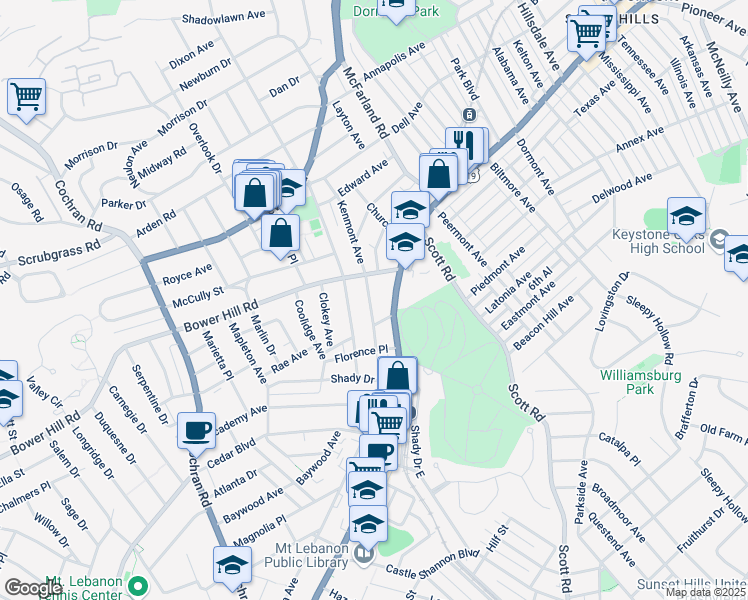 map of restaurants, bars, coffee shops, grocery stores, and more near 423 Kenmont Avenue in Pittsburgh