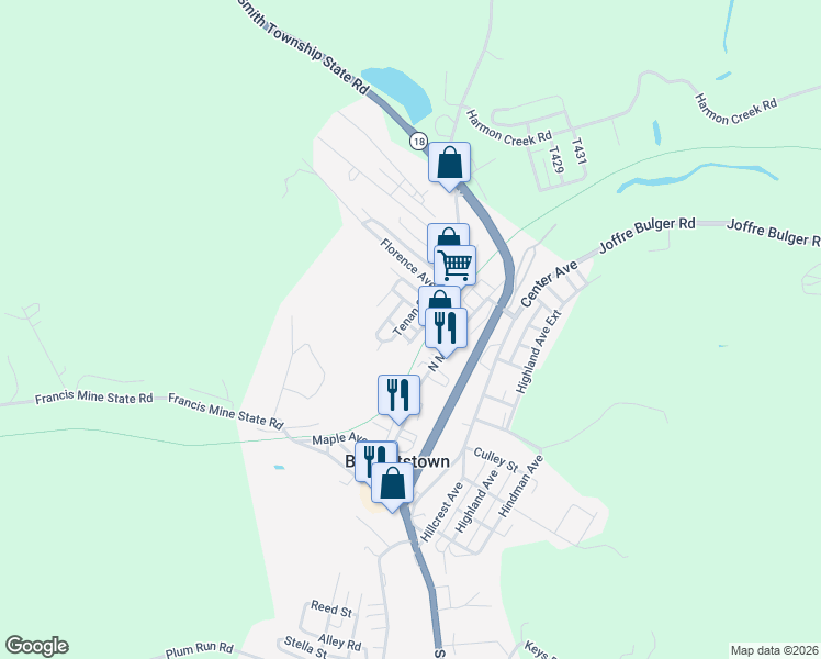 map of restaurants, bars, coffee shops, grocery stores, and more near 36 Whitaker Street in Burgettstown