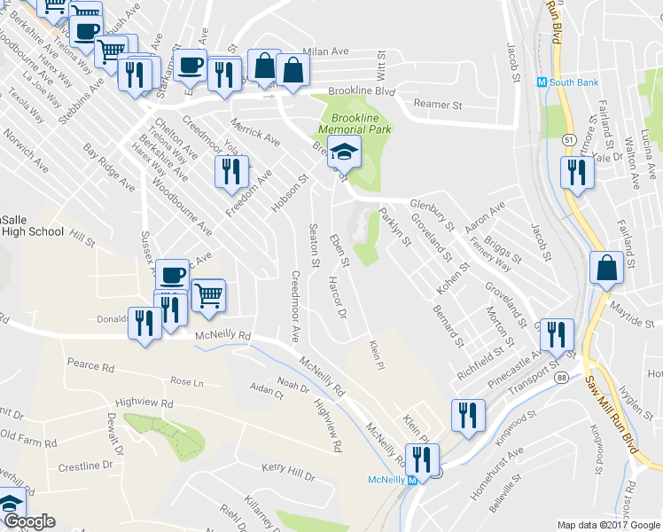 map of restaurants, bars, coffee shops, grocery stores, and more near 1706 Harcor Drive in Pittsburgh