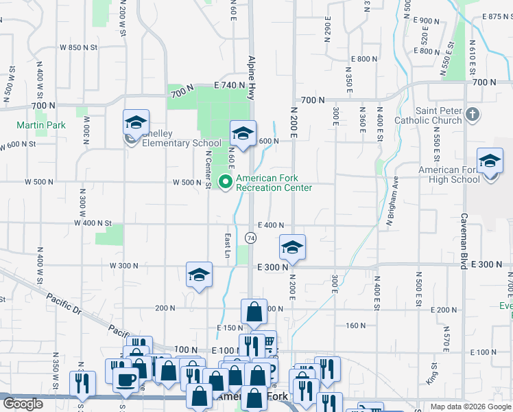 map of restaurants, bars, coffee shops, grocery stores, and more near 444 North 100 East in American Fork