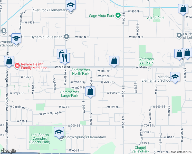 map of restaurants, bars, coffee shops, grocery stores, and more near 1355 West 125 South Street in Lehi