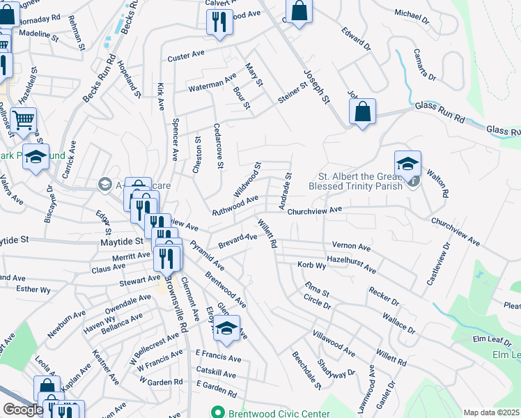 map of restaurants, bars, coffee shops, grocery stores, and more near 3005 Churchview Avenue in Pittsburgh