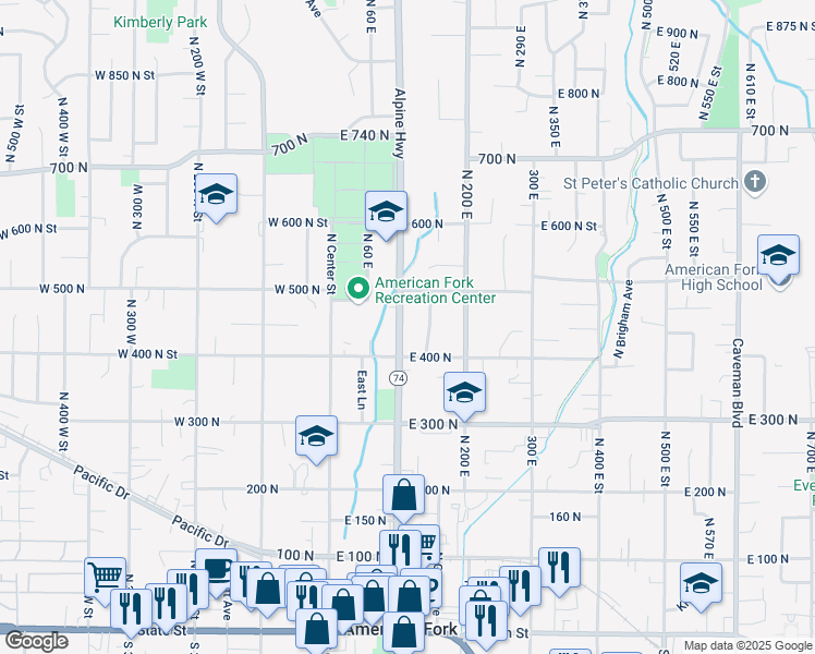 map of restaurants, bars, coffee shops, grocery stores, and more near 444 North 100 East in American Fork