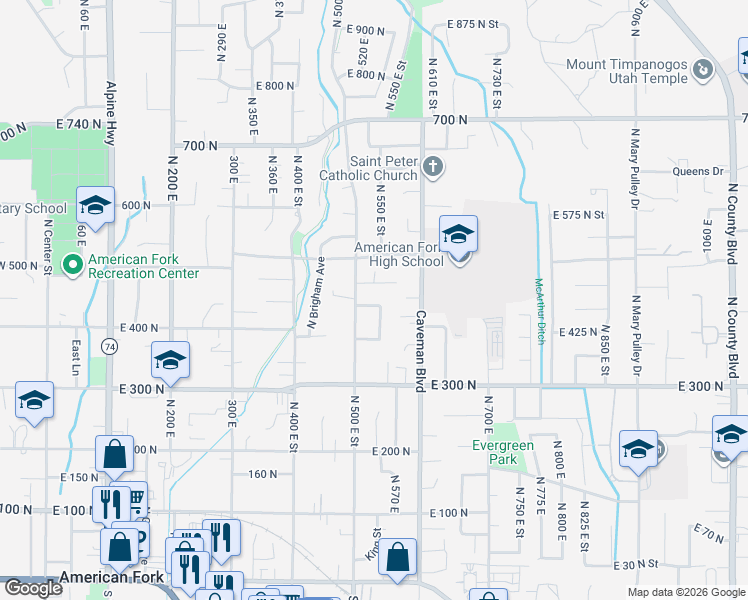 map of restaurants, bars, coffee shops, grocery stores, and more near 525 East 430 North in American Fork