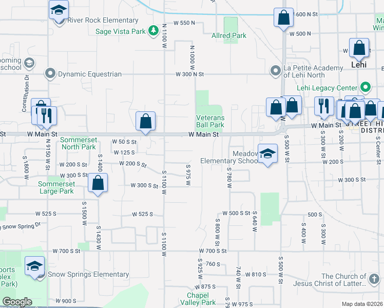 map of restaurants, bars, coffee shops, grocery stores, and more near 953 West 125 South in Lehi