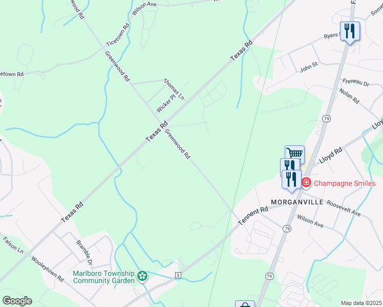 map of restaurants, bars, coffee shops, grocery stores, and more near 122 Greenwood Road in Marlboro Township