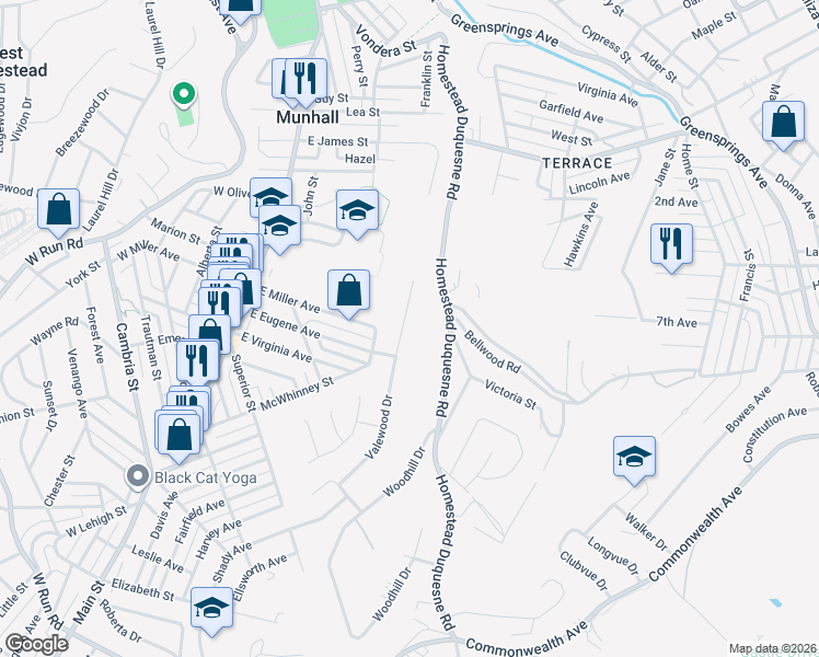 map of restaurants, bars, coffee shops, grocery stores, and more near 3309 Valewood Drive in Munhall