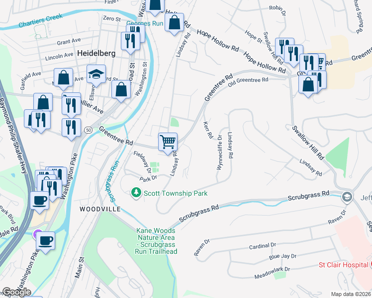 map of restaurants, bars, coffee shops, grocery stores, and more near 404 Pine Trees Drive in Carnegie