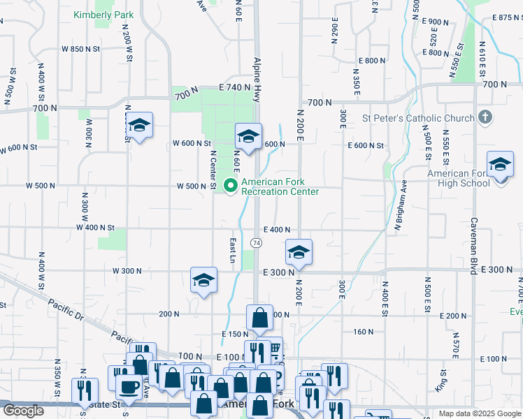 map of restaurants, bars, coffee shops, grocery stores, and more near 444 North 100 East in American Fork