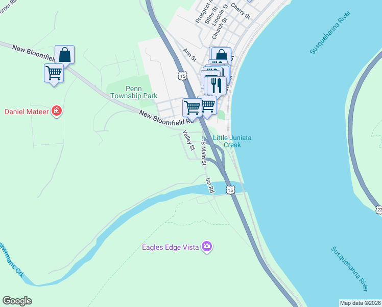 map of restaurants, bars, coffee shops, grocery stores, and more near 35 Valley St in Duncannon
