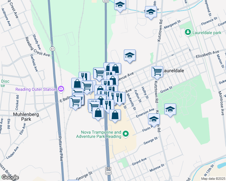 map of restaurants, bars, coffee shops, grocery stores, and more near 3411 North 5th Street Highway in Reading