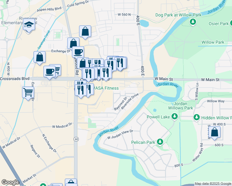 map of restaurants, bars, coffee shops, grocery stores, and more near 233 E Bridgewater Lane in Saratoga Springs