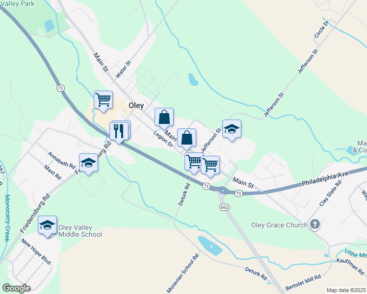 map of restaurants, bars, coffee shops, grocery stores, and more near 484a Main Street in Oley