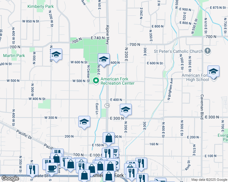 map of restaurants, bars, coffee shops, grocery stores, and more near 445 Thornwood Drive in American Fork