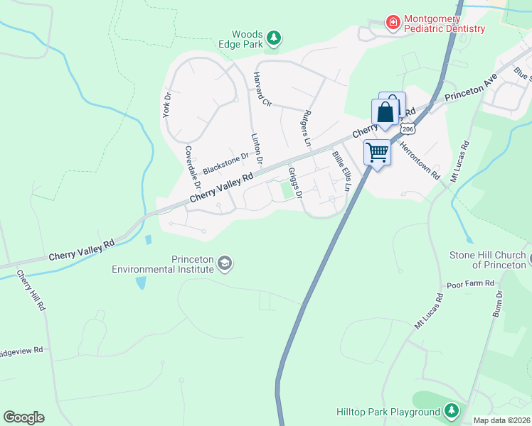map of restaurants, bars, coffee shops, grocery stores, and more near 40 Maidenhead Road in Princeton