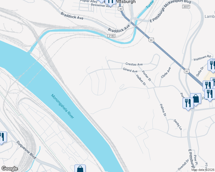 map of restaurants, bars, coffee shops, grocery stores, and more near 422 E Carter Dr in North Versailles