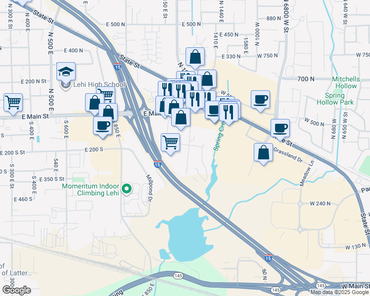 map of restaurants, bars, coffee shops, grocery stores, and more near 180 East 1300 North Street in Lehi