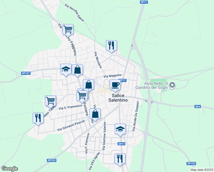 map of restaurants, bars, coffee shops, grocery stores, and more near 7 Via Madonna della Visitazione in Salice Salentino