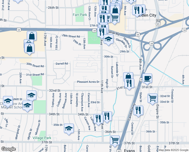map of restaurants, bars, coffee shops, grocery stores, and more near 1132 30th Street Road in Greeley