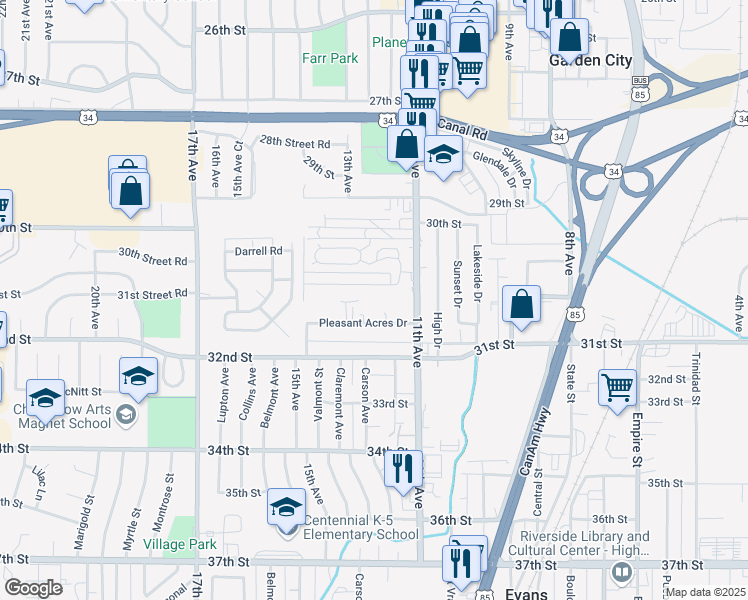 map of restaurants, bars, coffee shops, grocery stores, and more near 1132 30th Street Road in Greeley