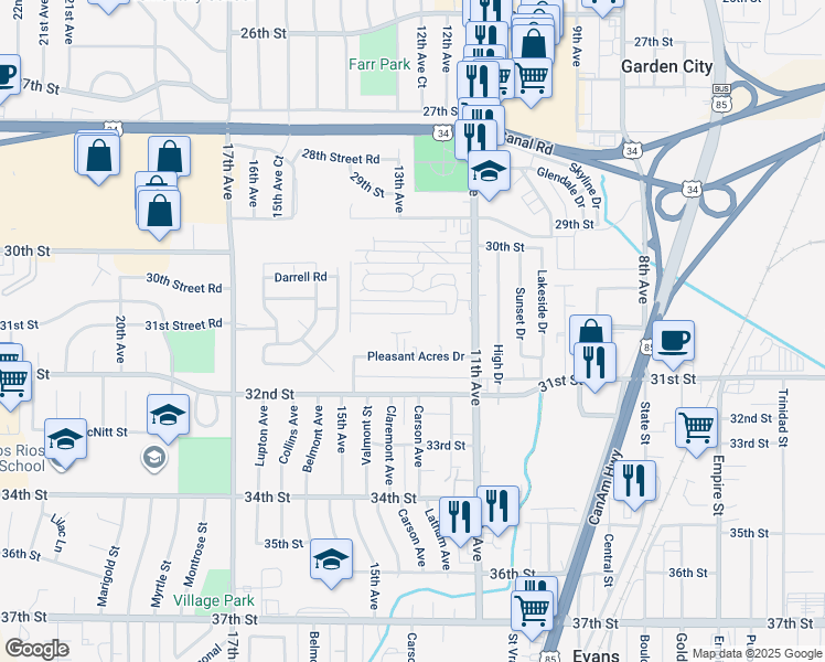 map of restaurants, bars, coffee shops, grocery stores, and more near 1315 Darrell Road in Evans