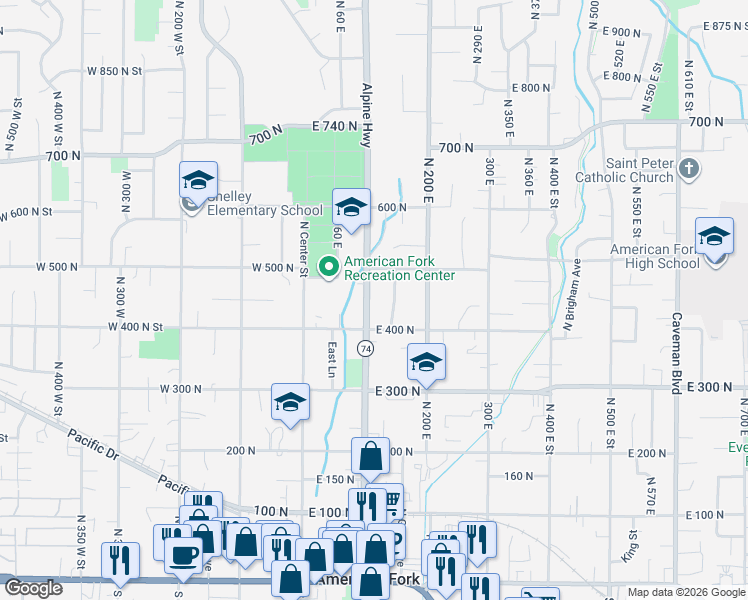 map of restaurants, bars, coffee shops, grocery stores, and more near 445 Thornwood Drive in American Fork
