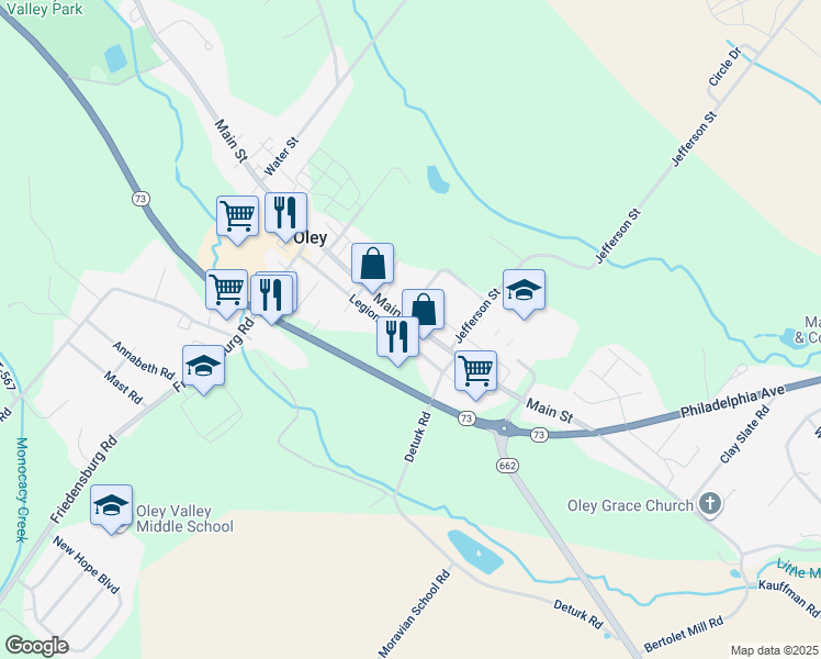 map of restaurants, bars, coffee shops, grocery stores, and more near 484a Main Street in Oley