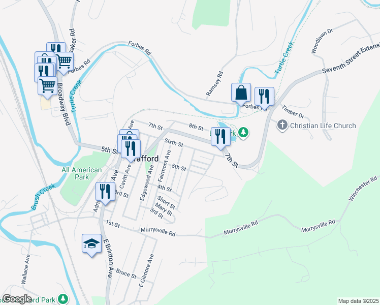 map of restaurants, bars, coffee shops, grocery stores, and more near 525 Homewood Ave in Trafford