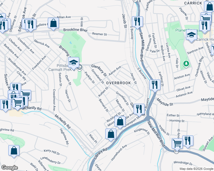 map of restaurants, bars, coffee shops, grocery stores, and more near 2264 Groveland Street in Pittsburgh