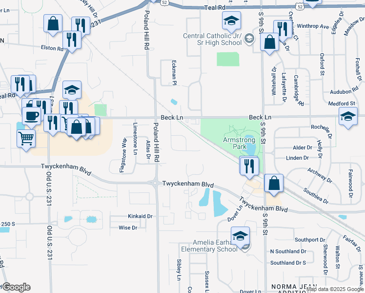map of restaurants, bars, coffee shops, grocery stores, and more near 2831 Duroc Drive in Lafayette