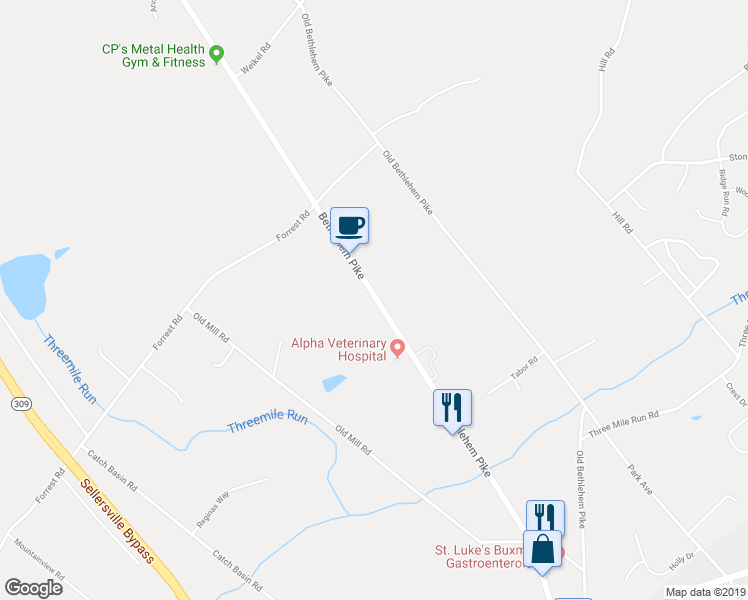 map of restaurants, bars, coffee shops, grocery stores, and more near 1526 Bethlehem Pike in Sellersville
