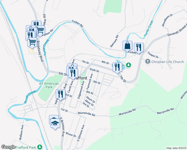 map of restaurants, bars, coffee shops, grocery stores, and more near 518 Fairmont Ave in Trafford