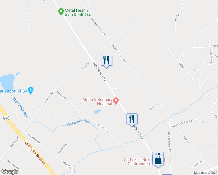map of restaurants, bars, coffee shops, grocery stores, and more near 1526 West End Boulevard in Sellersville