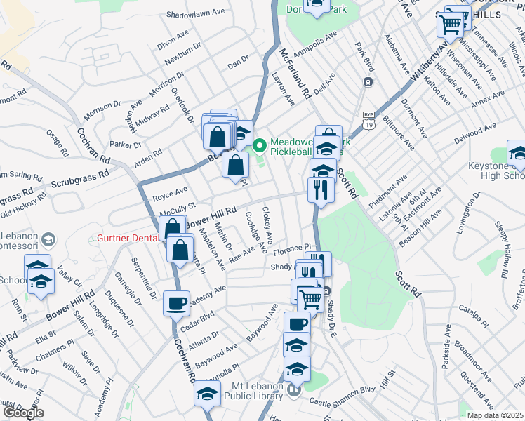 map of restaurants, bars, coffee shops, grocery stores, and more near 410 Clokey Avenue in Pittsburgh