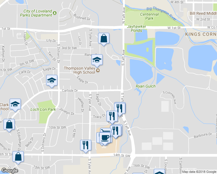 map of restaurants, bars, coffee shops, grocery stores, and more near 665 Peggy Court in Loveland