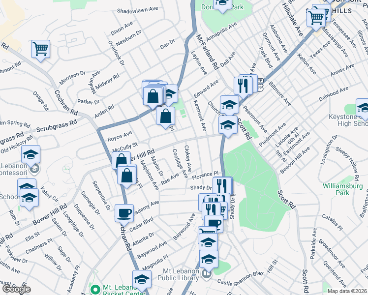 map of restaurants, bars, coffee shops, grocery stores, and more near 410 Clokey Avenue in Pittsburgh