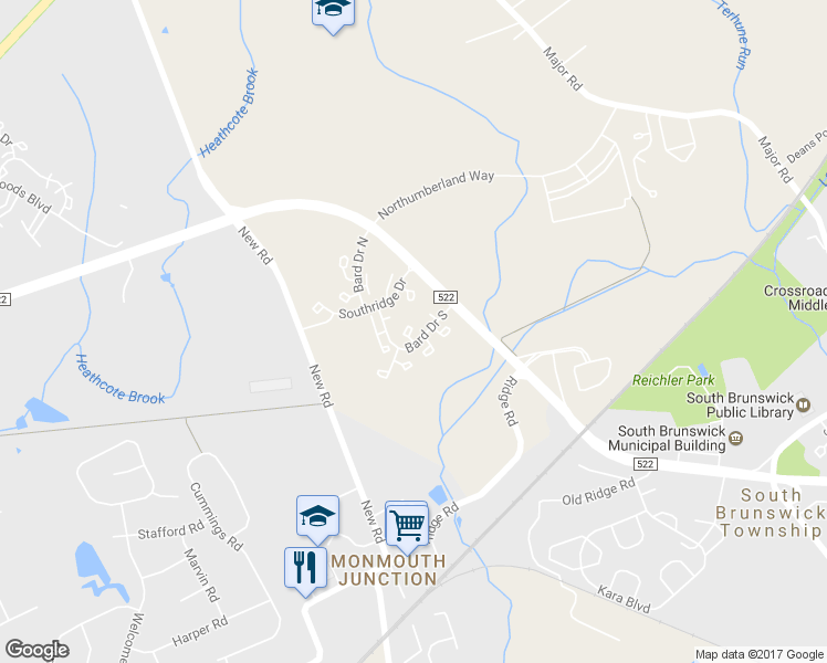 map of restaurants, bars, coffee shops, grocery stores, and more near 14 Rosebay Court in South Brunswick Township