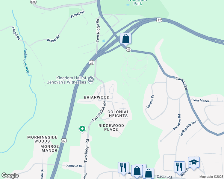 map of restaurants, bars, coffee shops, grocery stores, and more near 37 North Byron Drive in Steubenville