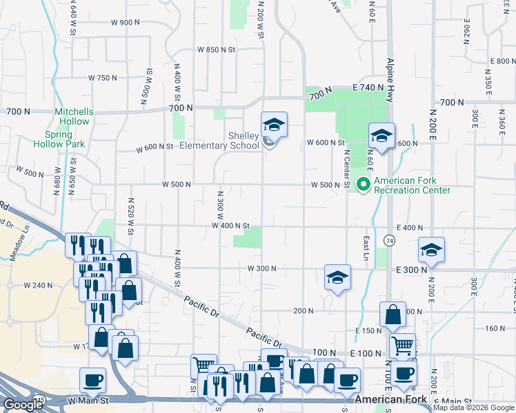 map of restaurants, bars, coffee shops, grocery stores, and more near 445 North 200 West Street in American Fork