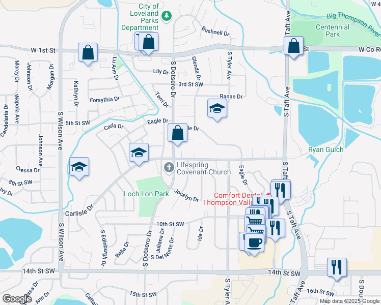 map of restaurants, bars, coffee shops, grocery stores, and more near 653 Melanie Court in Loveland
