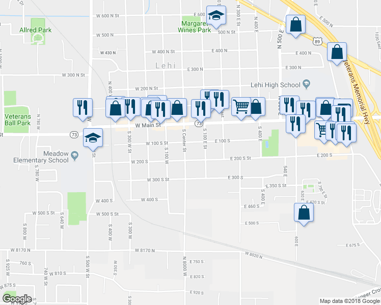 map of restaurants, bars, coffee shops, grocery stores, and more near 153 South Center Street in Lehi