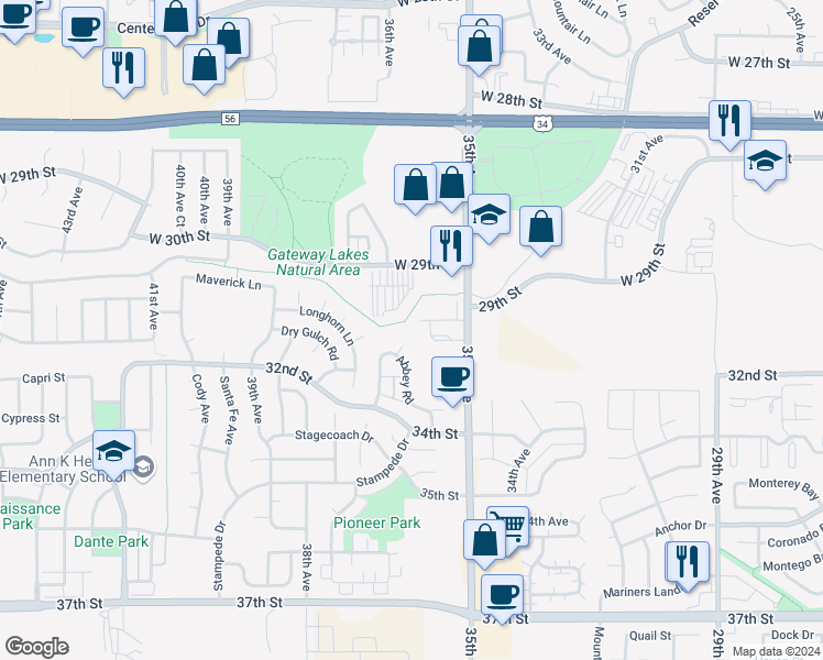 map of restaurants, bars, coffee shops, grocery stores, and more near 3105 35th Avenue in Greeley