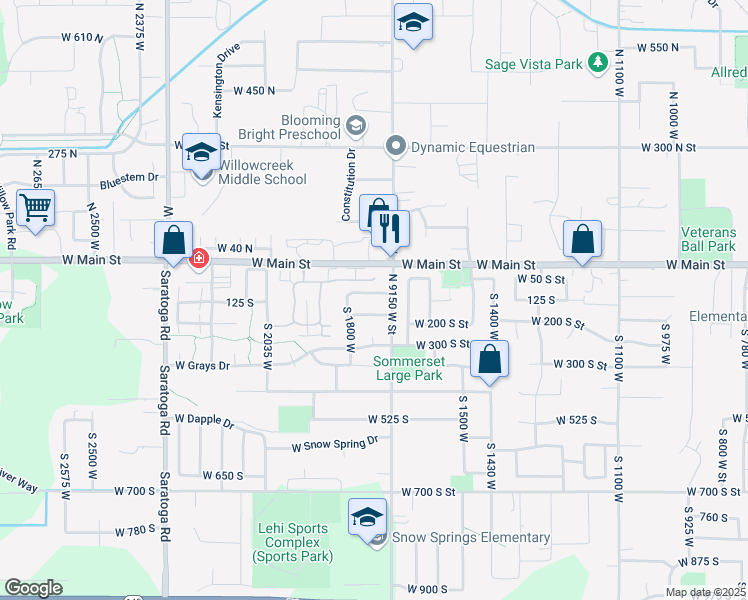 map of restaurants, bars, coffee shops, grocery stores, and more near 1751 West 100 South in Lehi